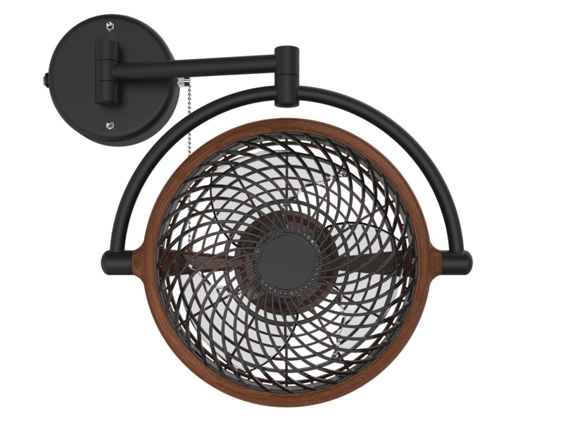 Wall Mounted Fan Industrial Swing Arm Spiral Grille Wood Toned Rim