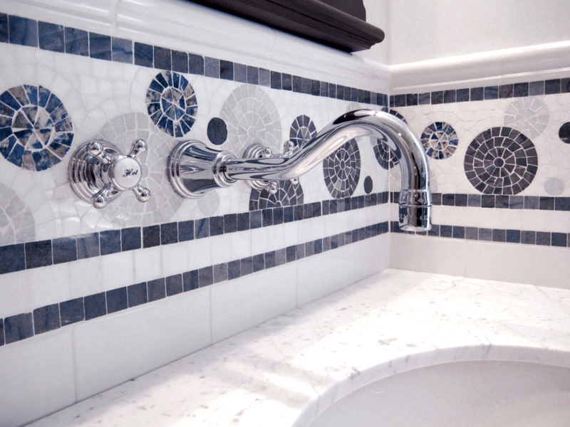 Wall-Mounted Faucet Polished Chrome against Navy Circular Mosaic Tile