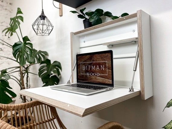 Wall-Mounted Folding Secretary Desk with Plywood Edges