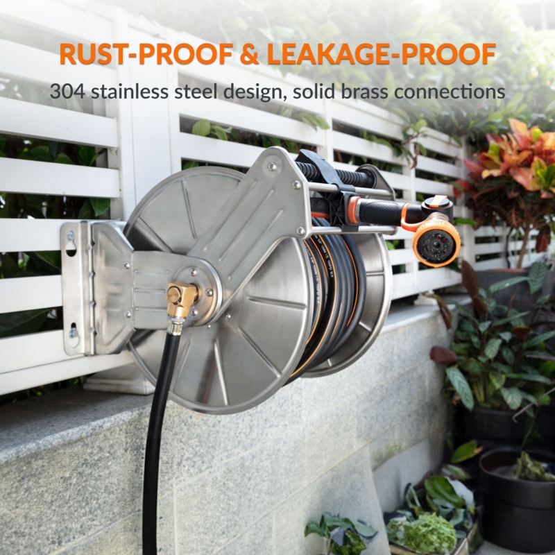 Wall Mounted Hose Reel 304 Stainless Steel Solid Brass Connections