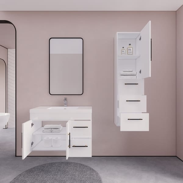 Wall Mounted Linen Cabinet in High Gloss White with Slim Black Handles.