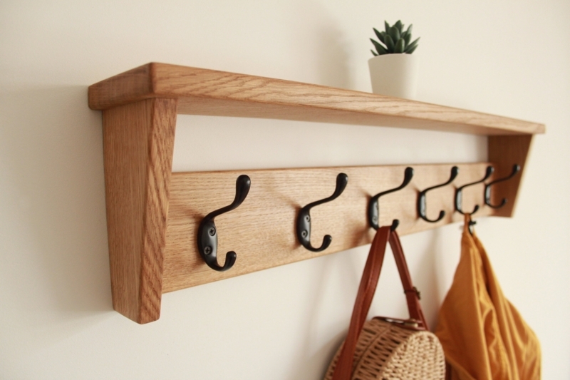 Wall Mounted Oak Rack Shelf, Six Black Hooks. Scandi storage, open grain.