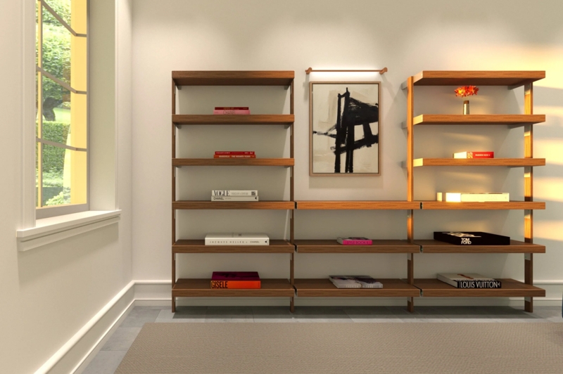 Wall Mounted Shelving Modular Three Bay System Integrated Lighting Walnut