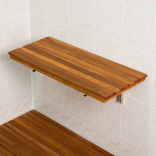 Wall Mounted Shower Bench Fold Down Mechanism, Slatted Wood Seat Spa Style