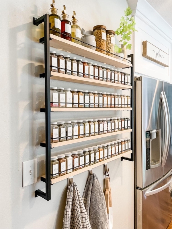 Wall Mounted Spice Rack 5-Tier Black Metal Wood Safety Rails