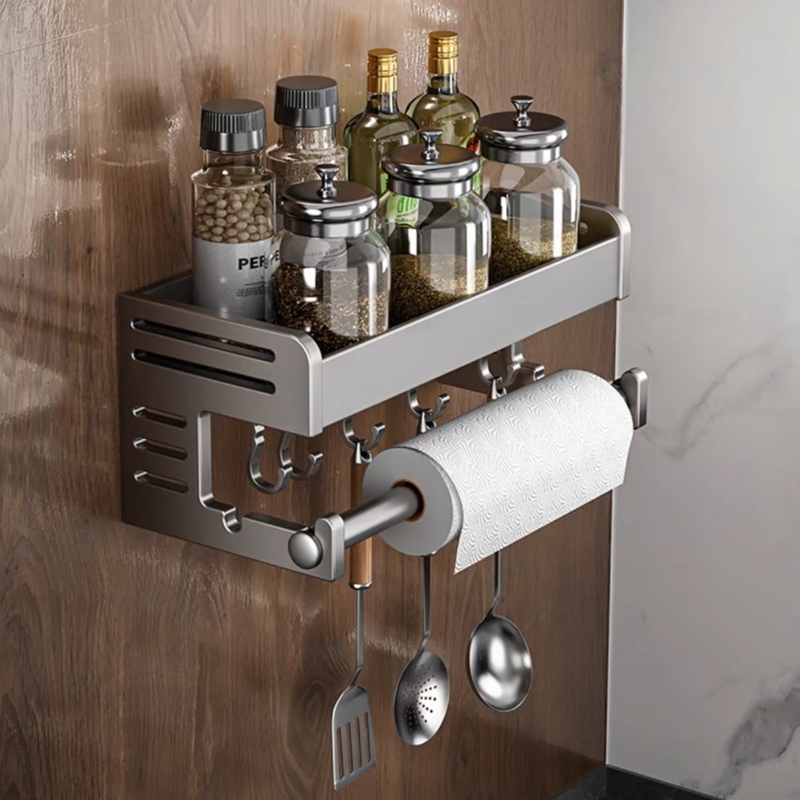 Wall Mounted Spice Rack Brushed Metal Towel Bar And Hooks