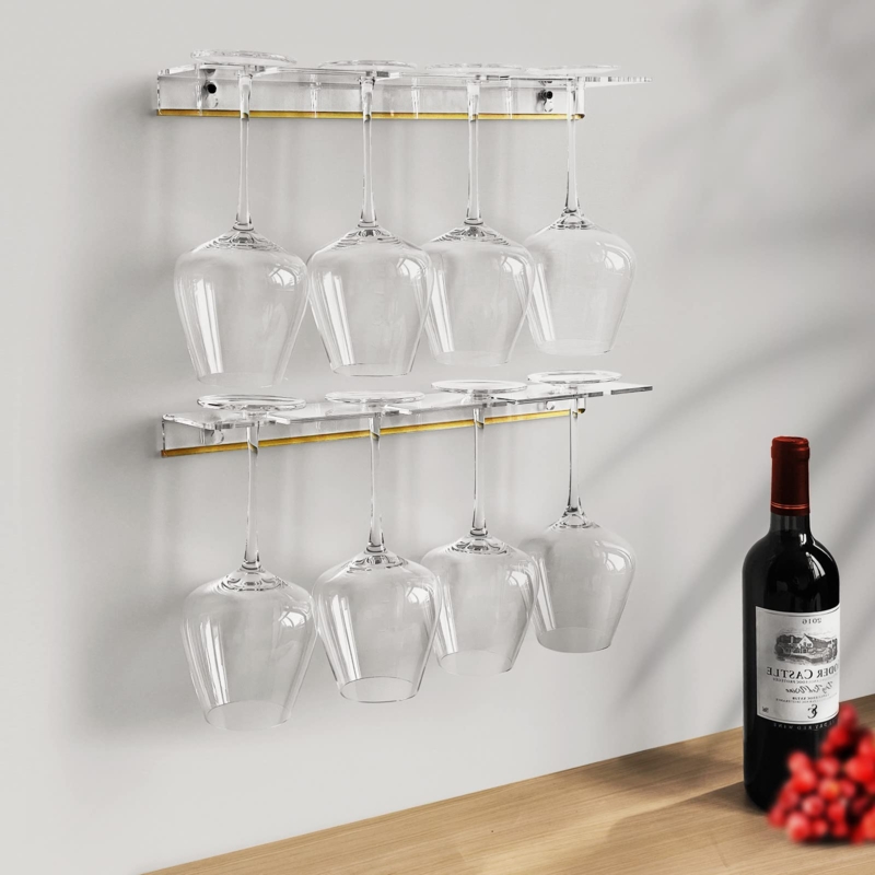 Wall-Mounted Stemware Rack Clear Acrylic Gold Trim Floating Effect
