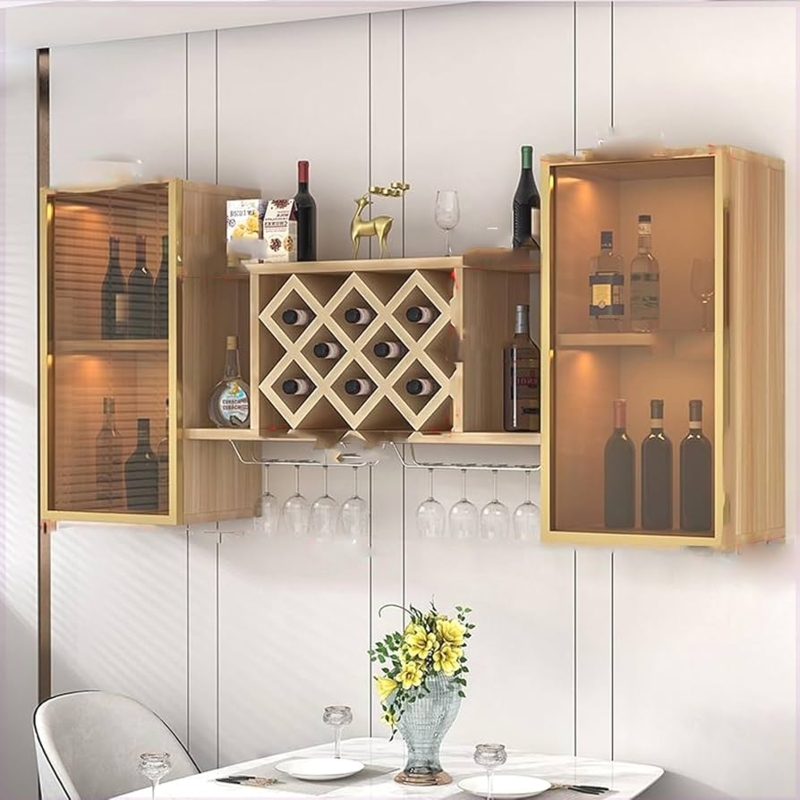 Wall Mounted Wine Rack Honeycomb Grid Integrated LEDs Gold Trim