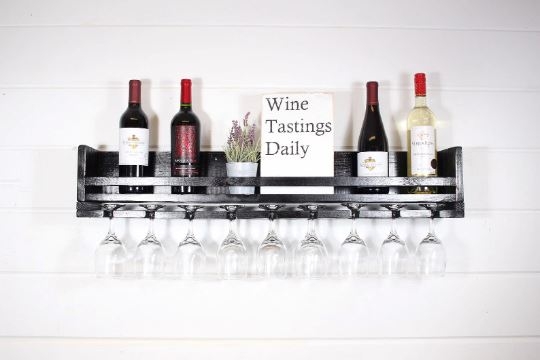 Wall Mounted Wine Rack Matte Black Display Shelf Nine Glass Capacity