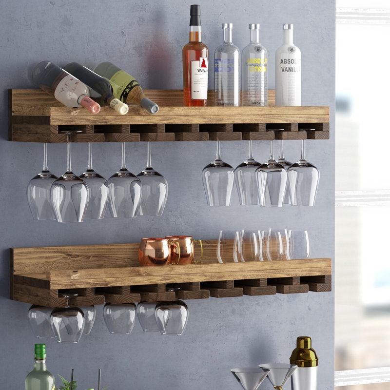 Wall-Mounted Wine Rack Walnut Finish Integrated Stemware Slots Rustic