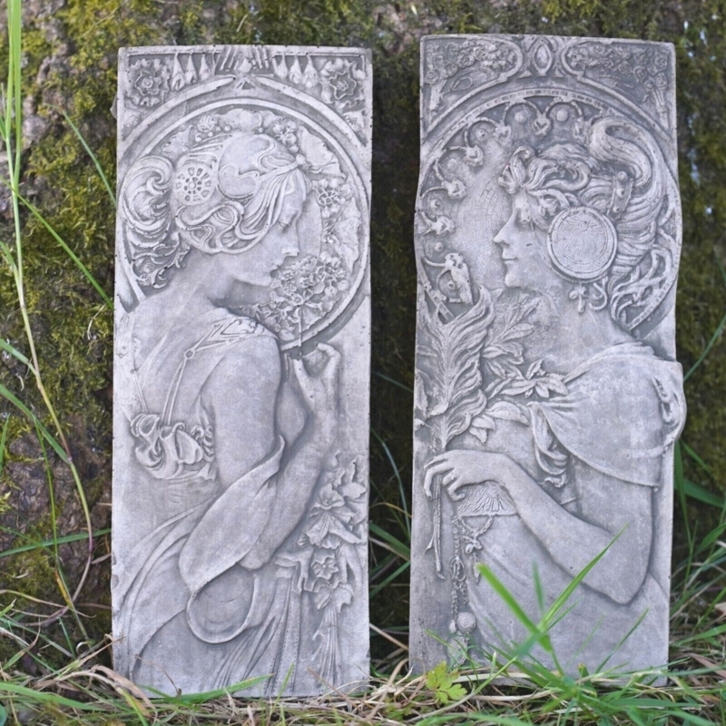 Wall Plaque Art Nouveau Inspired Relief, Weathered Gray Stone