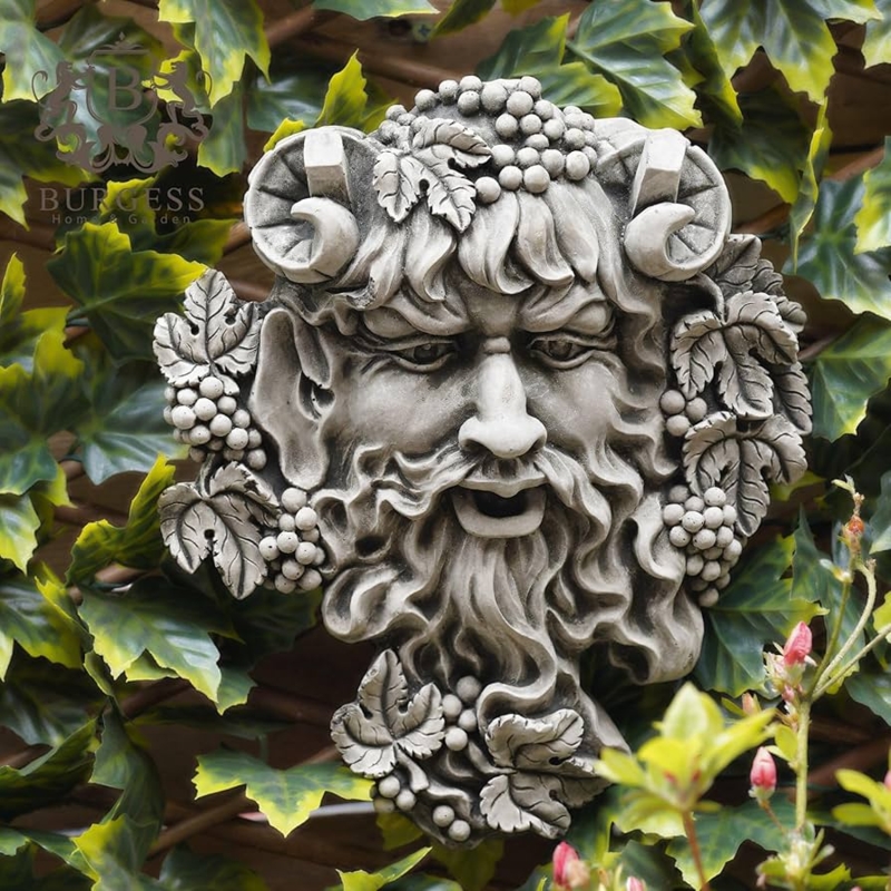 Wall Plaque Bacchus Ram Horns, Antique Stone Greenman Plaque