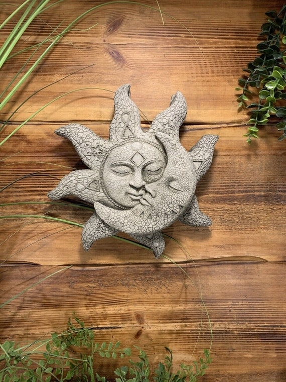 Wall Plaque Celestial Sun Moon Intertwined, Weathered Mosaic Art