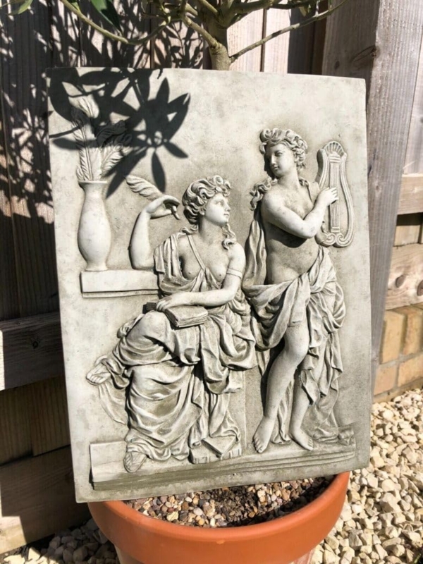 Wall Plaque Classical Figures Lyre Detail, Stone Garden Plaque