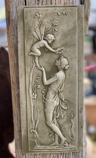 Wall Plaque Neoclassical Nymph Winged Cherub, Stone Relief Art