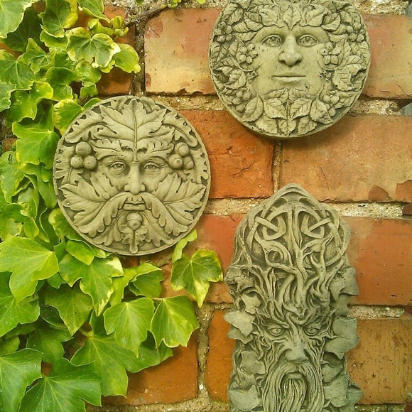Wall Plaque Set Green Man, Celtic Knotwork, Stone Garden Decor