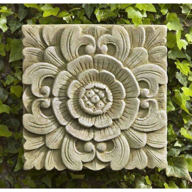 Wall Plaque Square Floral Relief, Matte Stone Garden Relief Art