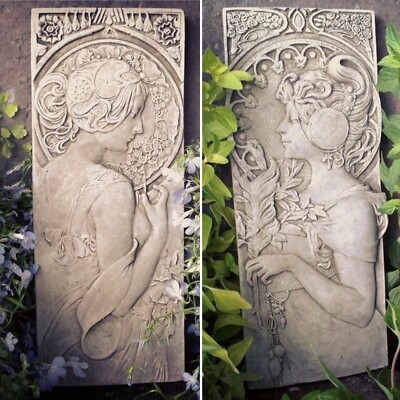 Wall Plaques Pair Female Profile Portraits, Art Nouveau Relief