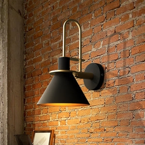 Wall Sconce featuring Brass U-Shaped Loop and Matte Black Conical Shade