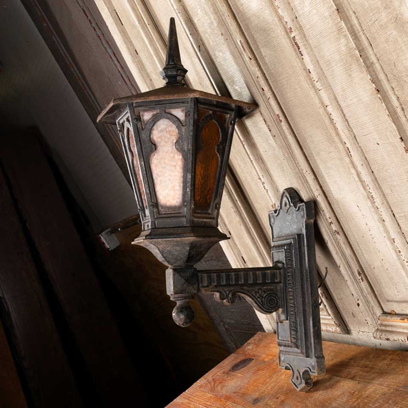 Wall Sconce Gothic Arch Lantern Weathered Rust Amber Glass