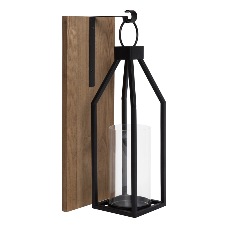 Wall Sconce, Matte Black Lantern, Glass Hurricane, Wood Plank Base