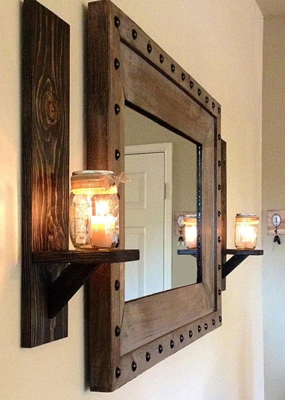Wall Sconce Mirror Set, Mason Jar Holders, Metal Stud Accents, Espresso