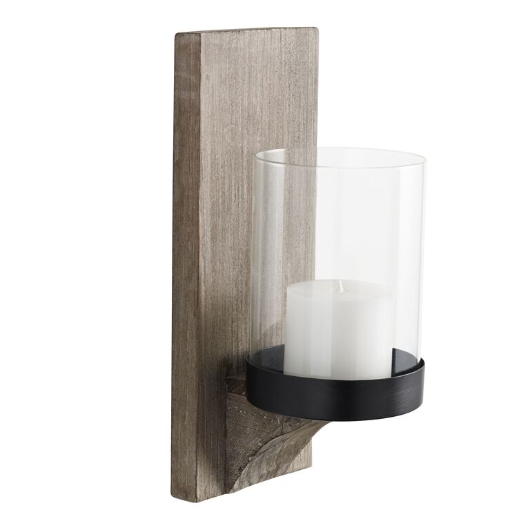 Wall Sconce, Weathered Wood Plank, Glass Hurricane Sleeve, Grey