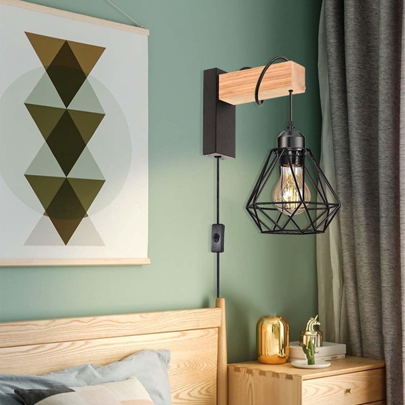 Wall Sconce with Geometric Wire Shade and Wooden Cantilever Arm