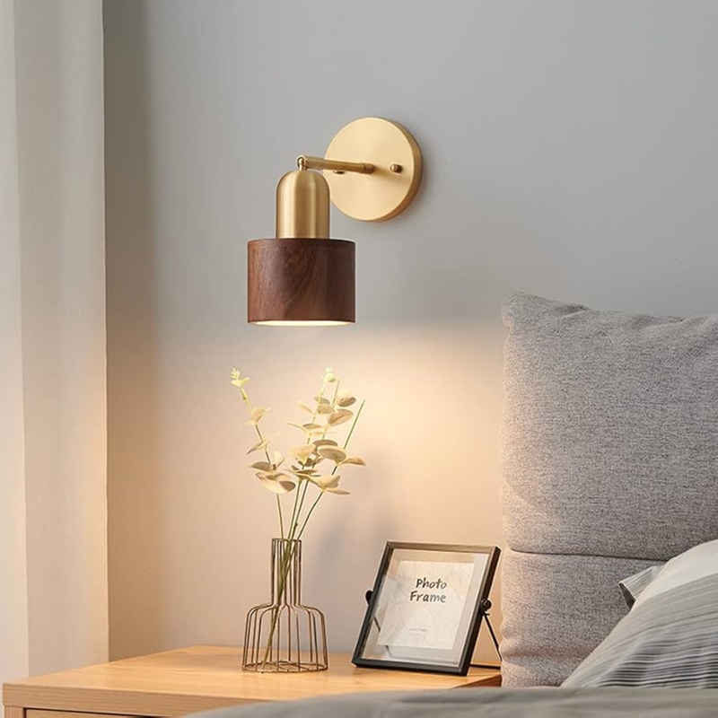 Wall Sconce with Walnut Wood Shade and Brushed Brass Adjustable Arm