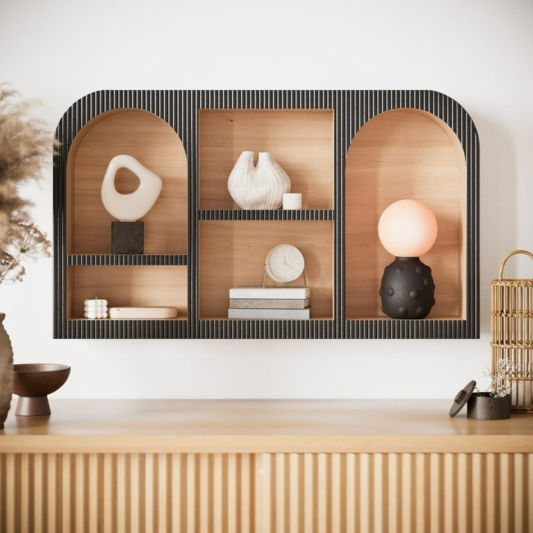Wall Shelf Arched Cubbies Vertical Ribbing Matte Black Fluted Frame