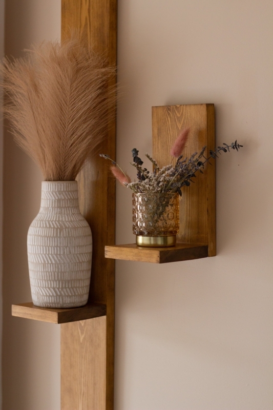 Wall Shelf Vertical Backboard Staggered Height Rustic Wood Wall Sconce