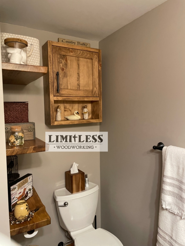Wall Storage Cabinet Rustic Warm Wood Shaker Door and Open Cubby Shelf
