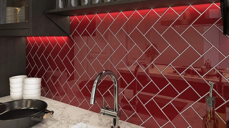 Wall Tile Ruby Red Glass Herringbone Layout Glossy Finish