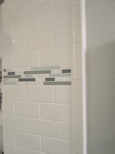 Wall Tiles White Subway with Mosaic Accent Band and Bullnose Trim