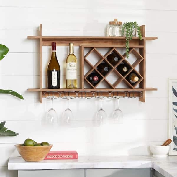 Wall Wine Rack Medium Brown Wood Diamond Bottle Grid Stemware Storage