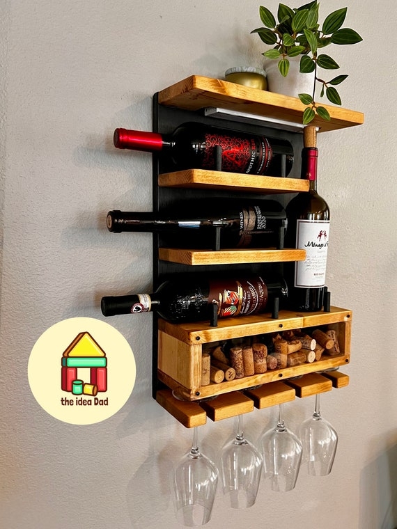 Wall Wine Rack Warm Honey Wood Cork Display Box Integrated Lighting