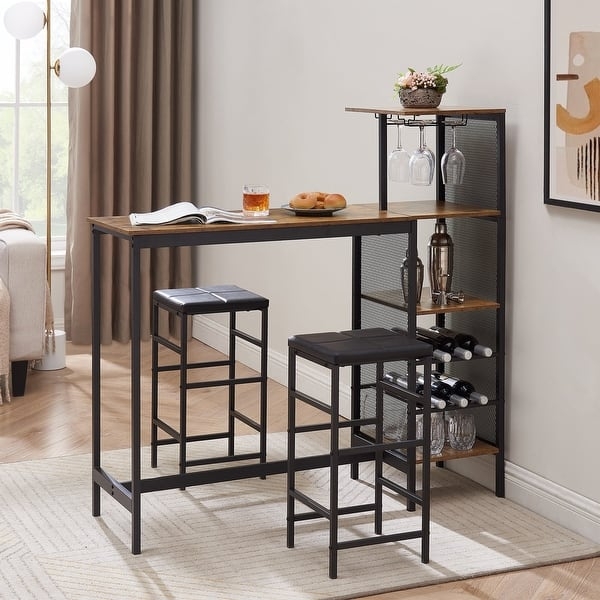 Walnut and Metal Bar Hutch Integrated Wine Rack Mesh Backing