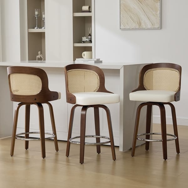 Walnut Bar Stool Swivel Rattan Back Chrome Metal Finish Mid Mod