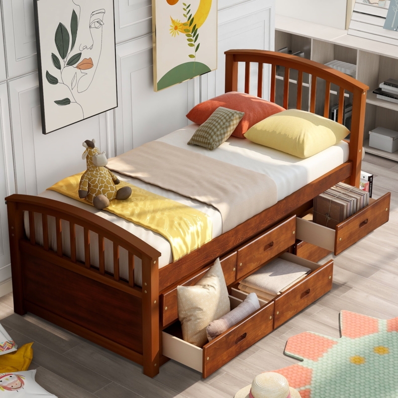 Walnut Brown Captains Bed Six Integrated Drawers