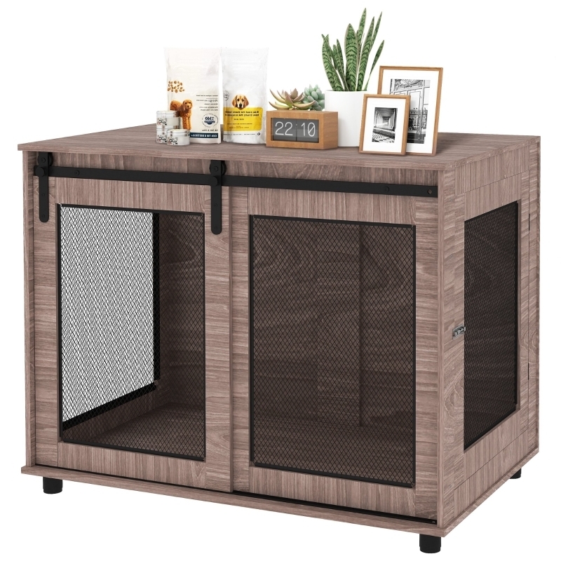 Walnut Brown Dog Crate End Table with Single Sliding Barn Door