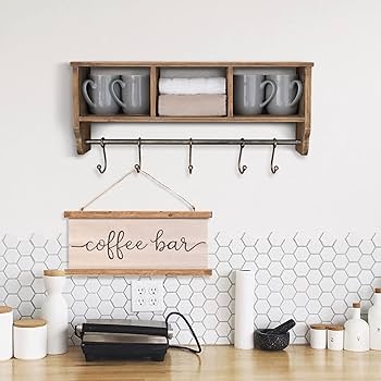 Walnut Brown Farmhouse Coffee Bar Shelf with Hook Rail and Three Cubbies