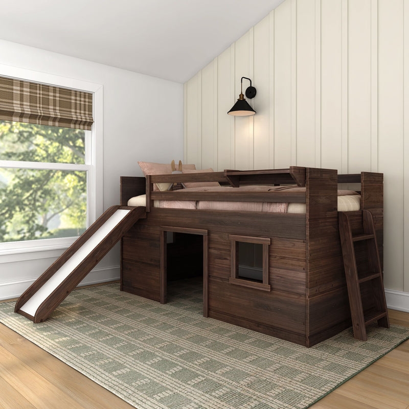 Walnut Brown Farmhouse Low Loft Bed with Slide and Playhouse Base