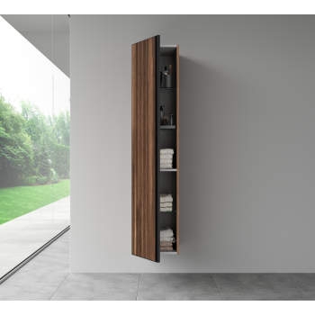 Walnut Brown Linen Cabinet featuring Vertical Slats and Open Storage.