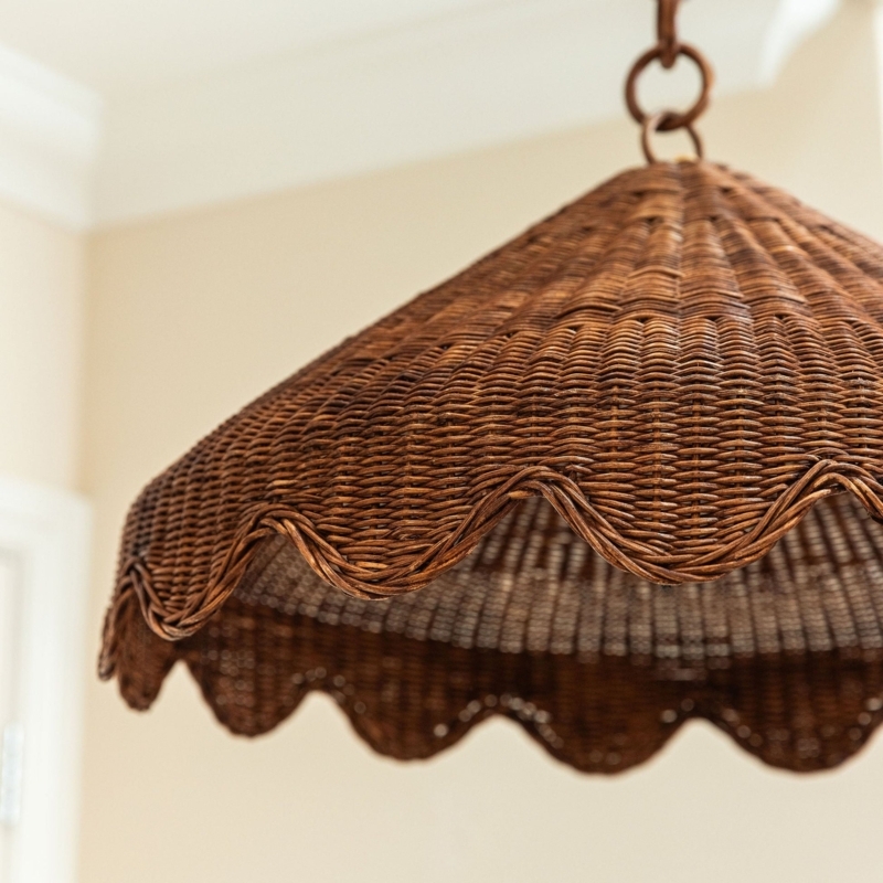 Walnut Brown Pendant Light Shade Scalloped Edge Woven Basketry Coastal