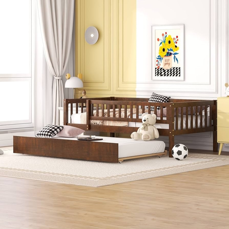 Walnut Brown Toddler Daybed with Full Safety Fence and Pull Out Trundle.