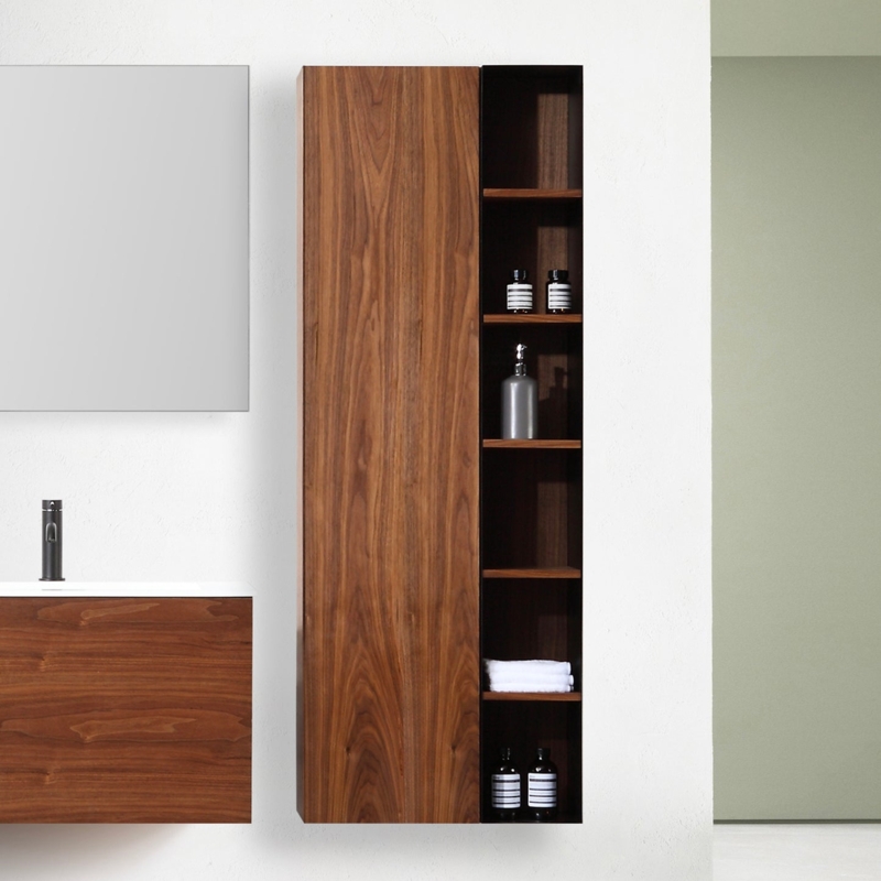 Walnut Brown Wall Mounted Cabinet featuring distinct Open Cubby Side.