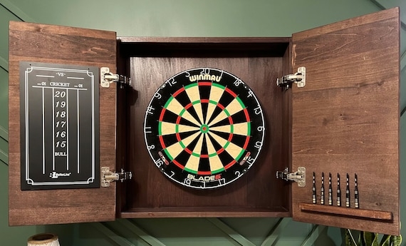 Walnut Dartboard Cabinet with Integrated Scoreboard and Storage Rail