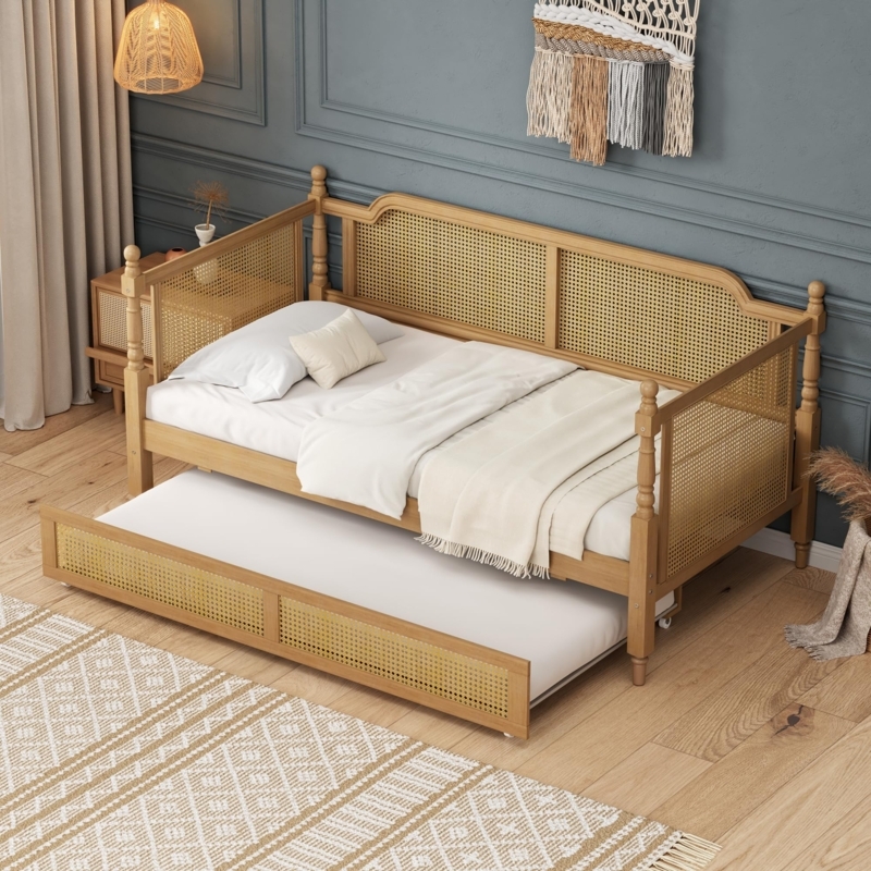 Walnut Daybed with Trundle, Arched Spindle Frame, Rattan Panels