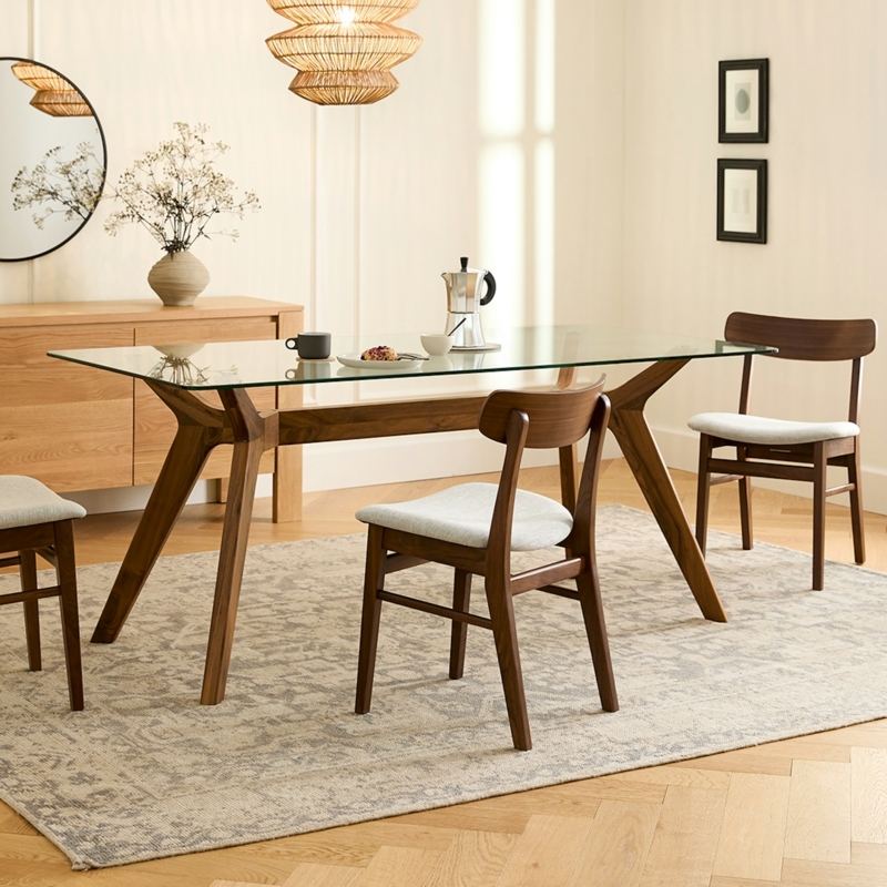 Walnut Dining Table Angled Base Architectural Glass Top Upholstered Chairs