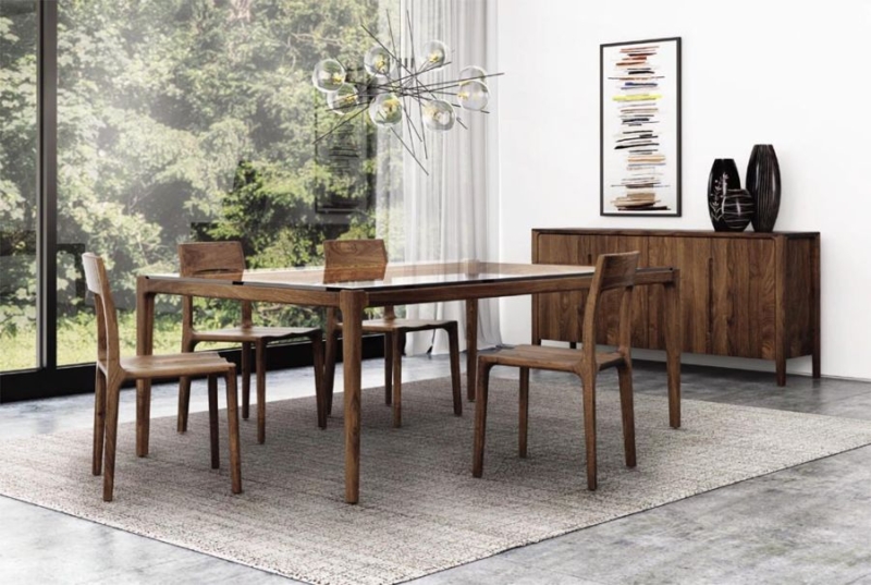 Walnut Dining Table Glass Top Minimalist Tapered Legs Mid Century Style